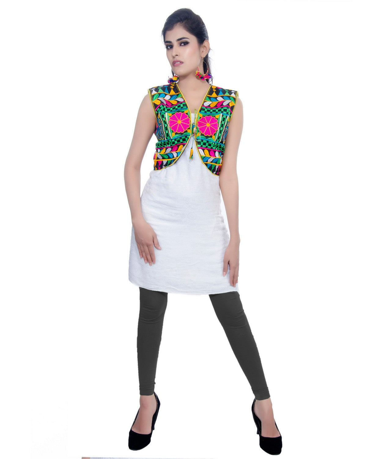 Banjara India Women's Cotton Blend Kutchi Embroidered Sleeveless Short Jacket/Koti/Shrug (Haathi) - SJK-HTH01 - Banjara India