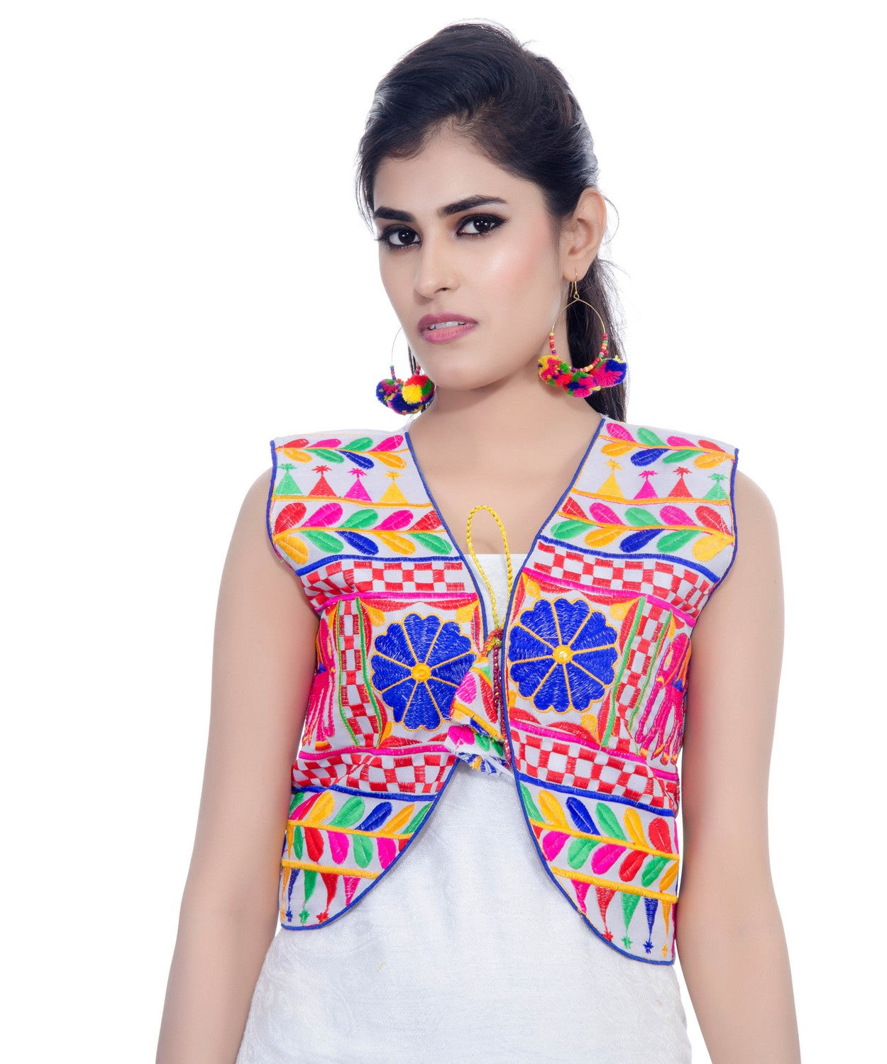 Banjara India Women's Cotton Blend Kutchi Embroidered Sleeveless Short Jacket/Koti/Shrug (Haathi) - SJK-HTH02 - Banjara India