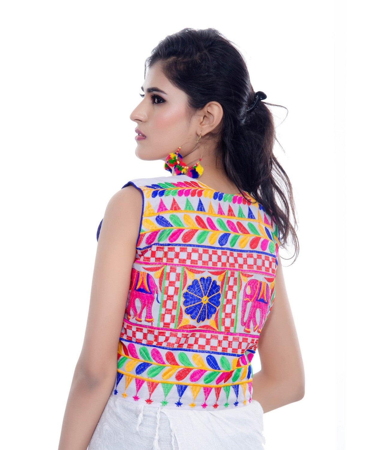 Banjara India Women's Cotton Blend Kutchi Embroidered Sleeveless Short Jacket/Koti/Shrug (Haathi) - SJK-HTH02 - Banjara India