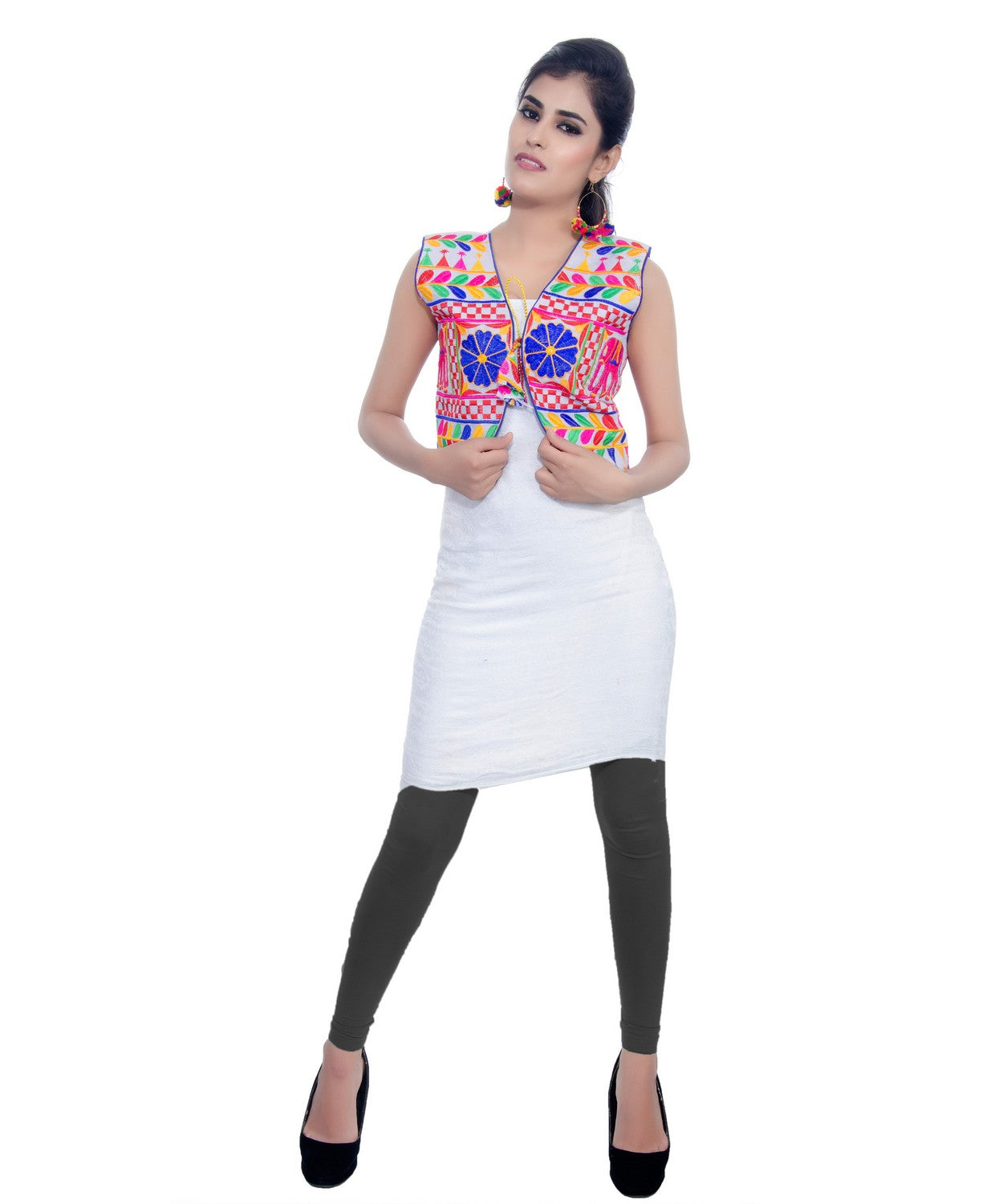 Banjara India Women's Cotton Blend Kutchi Embroidered Sleeveless Short Jacket/Koti/Shrug (Haathi) - SJK-HTH02 - Banjara India