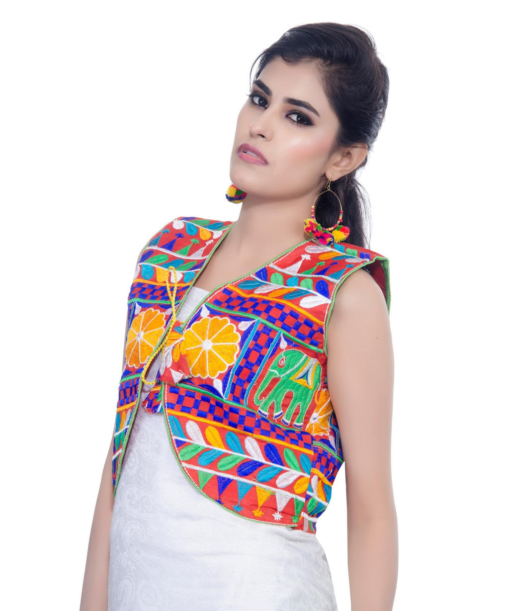 Banjara India Women's Cotton Blend Kutchi Embroidered Sleeveless Short Jacket/Koti/Shrug (Haathi) - SJK-HTH03 - Banjara India