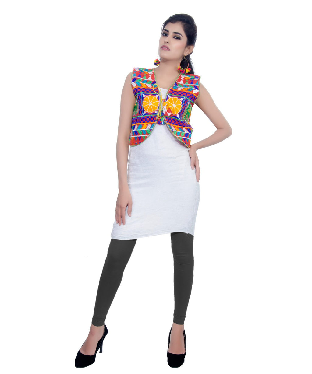 Banjara India Women's Cotton Blend Kutchi Embroidered Sleeveless Short Jacket/Koti/Shrug (Haathi) - SJK-HTH03 - Banjara India