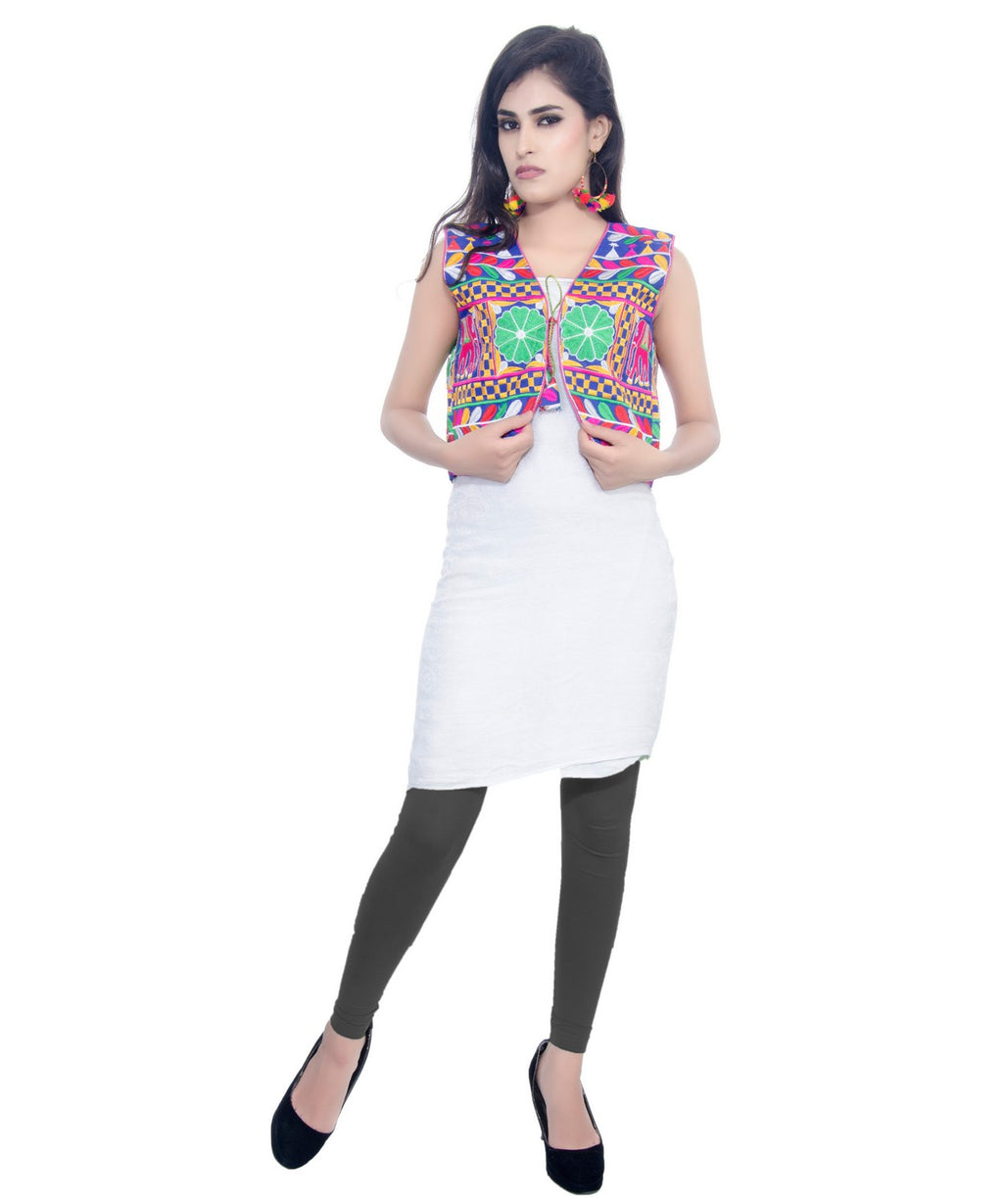 Banjara India Women's Cotton Blend Kutchi Embroidered Sleeveless Short Jacket/Koti/Shrug (Haathi) - SJK-HTH04 - Banjara India