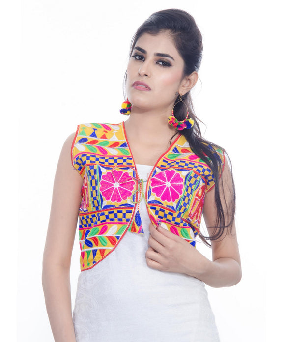 Banjara India Women's Cotton Blend Kutchi Embroidered Sleeveless Short Jacket/Koti/Shrug (Haathi) - SJK-HTH05 - Banjara India