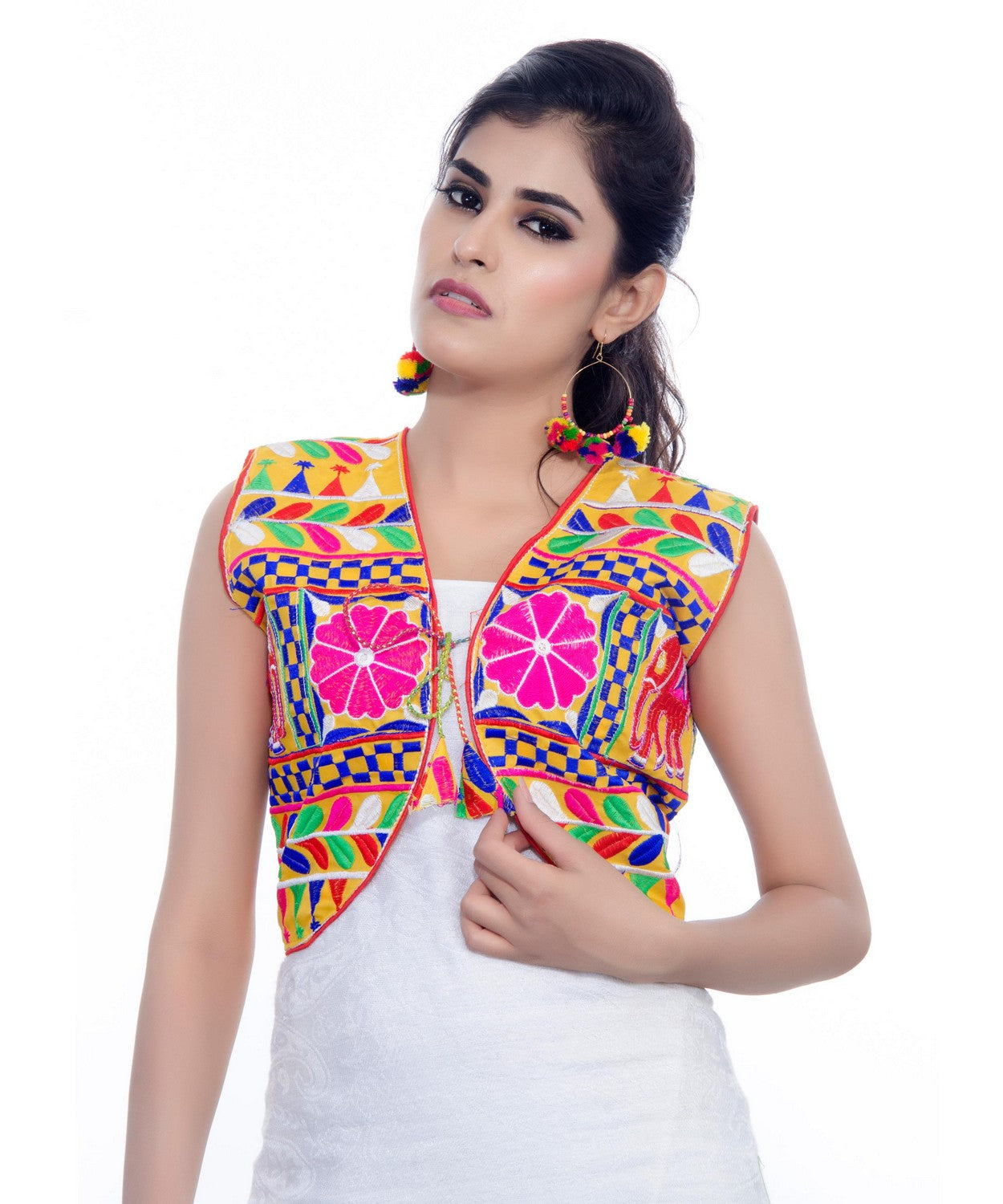 Banjara India Women's Cotton Blend Kutchi Embroidered Sleeveless Short Jacket/Koti/Shrug (Haathi) - SJK-HTH05 - Banjara India