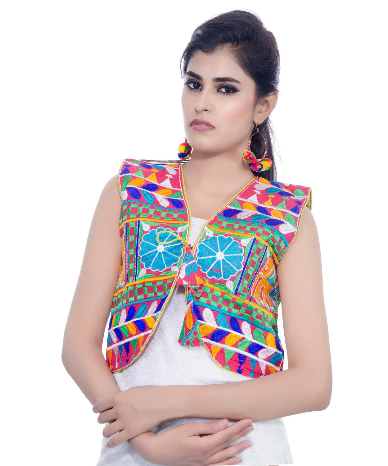 Banjara India Women's Cotton Blend Kutchi Embroidered Sleeveless Short Jacket/Koti/Shrug (Haathi) - SJK-HTH06 - Banjara India