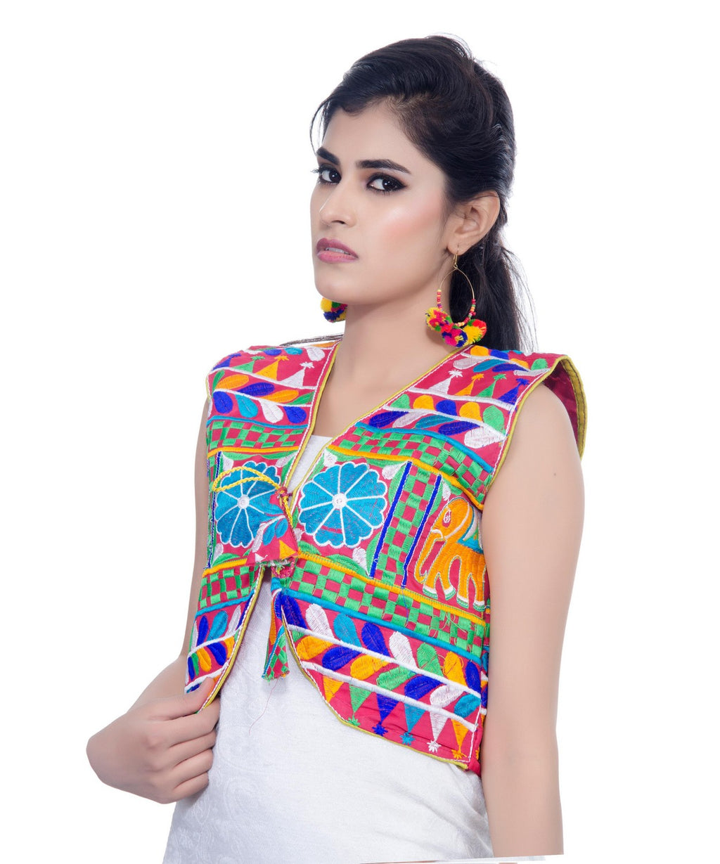 Banjara India Women's Cotton Blend Kutchi Embroidered Sleeveless Short Jacket/Koti/Shrug (Haathi) - SJK-HTH06 - Banjara India