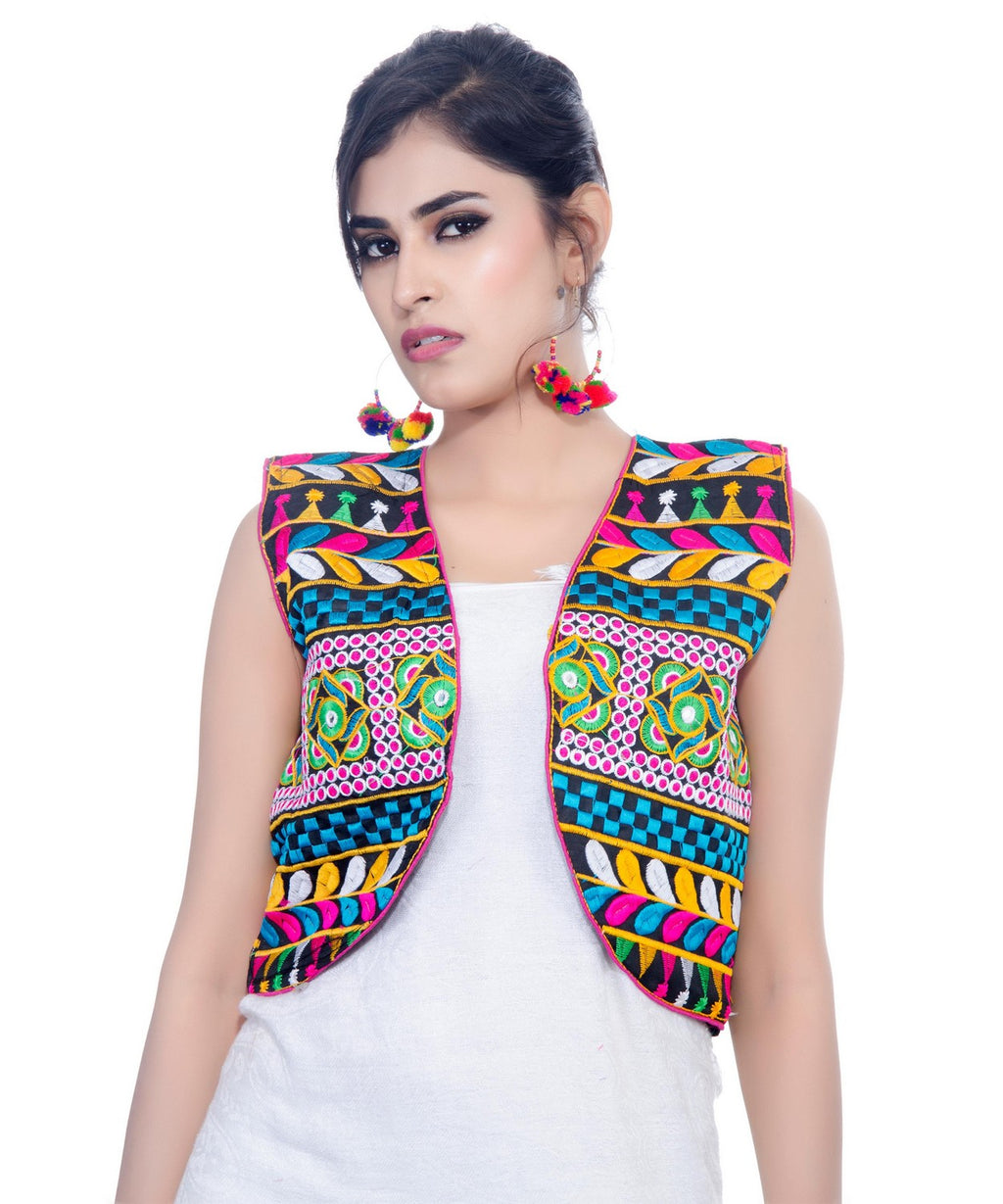 Banjara India Women's Cotton Blend Kutchi Embroidered Sleeveless Short Jacket/Koti/Shrug (Swastik) - SJK-SWT01 - Banjara India