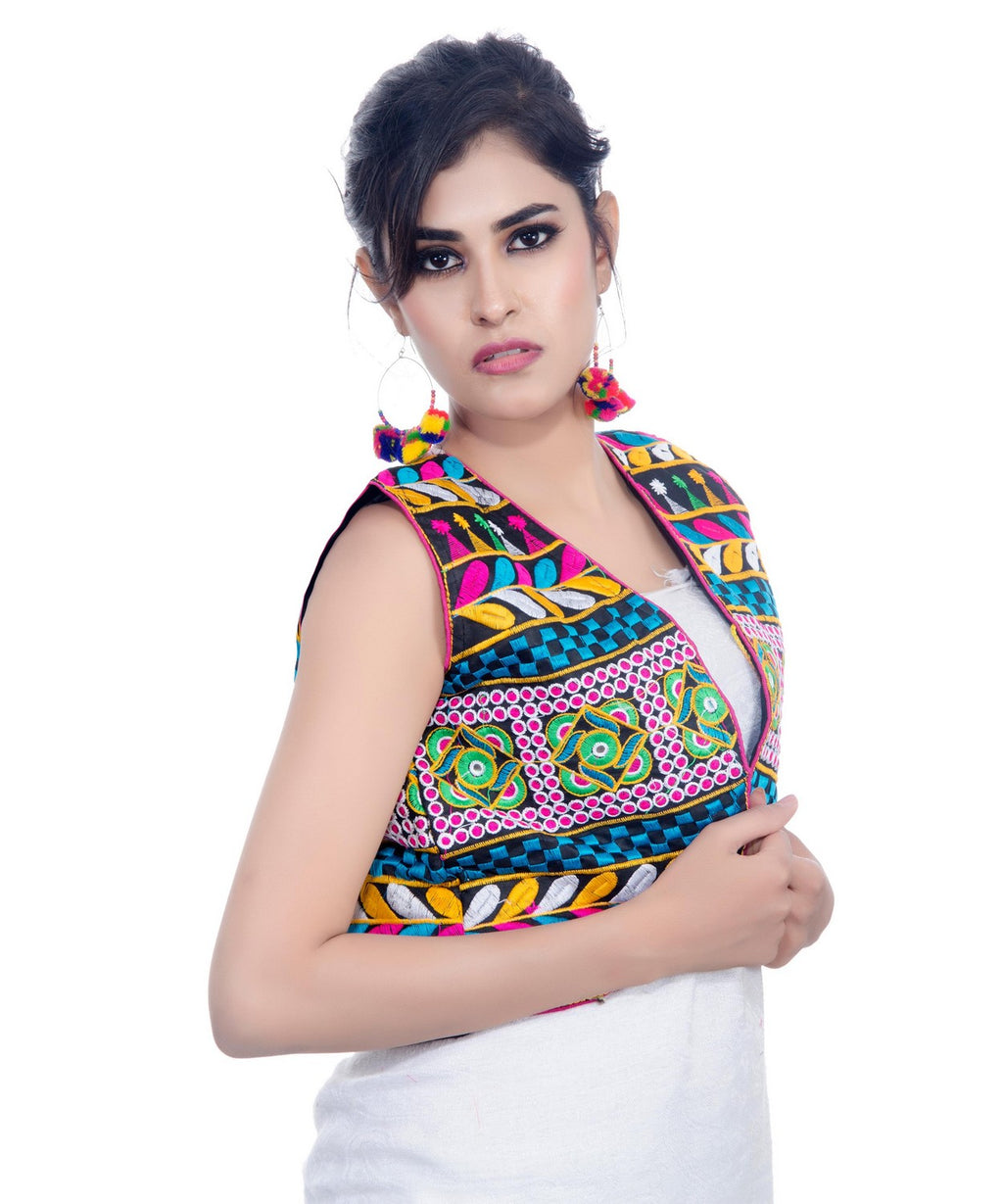 Banjara India Women's Cotton Blend Kutchi Embroidered Sleeveless Short Jacket/Koti/Shrug (Swastik) - SJK-SWT01 - Banjara India
