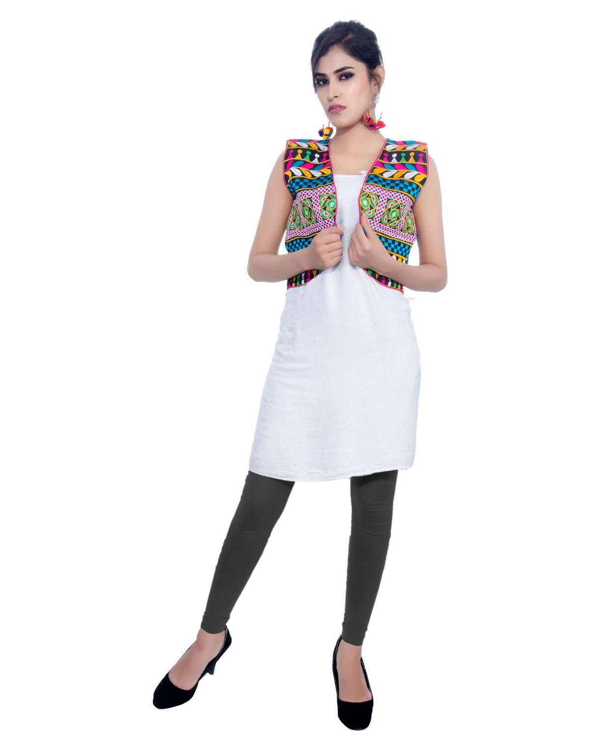 Banjara India Women's Cotton Blend Kutchi Embroidered Sleeveless Short Jacket/Koti/Shrug (Swastik) - SJK-SWT01 - Banjara India