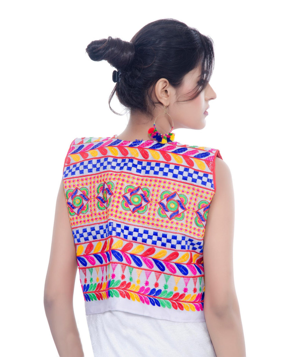 Banjara India Women's Cotton Blend Kutchi Embroidered Sleeveless Short Jacket/Koti/Shrug (Swastik) - SJK-SWT02 - Banjara India