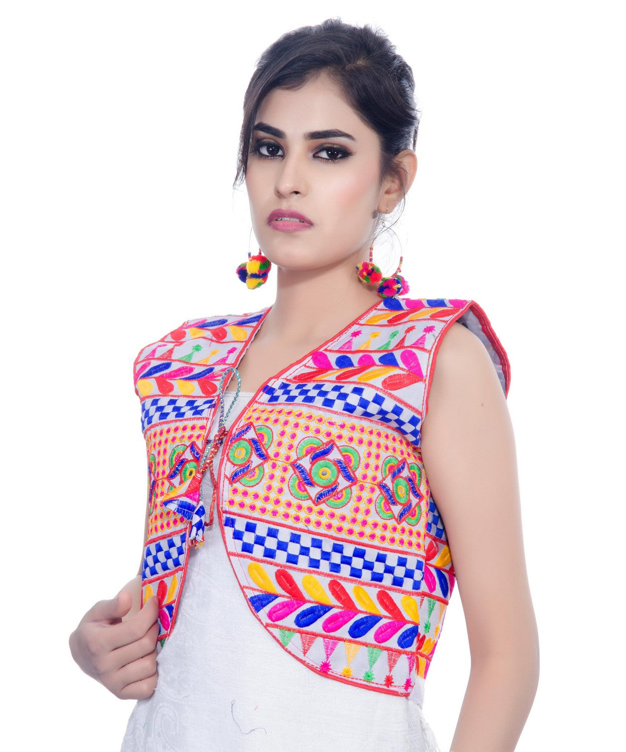 Banjara India Women's Cotton Blend Kutchi Embroidered Sleeveless Short Jacket/Koti/Shrug (Swastik) - SJK-SWT02 - Banjara India