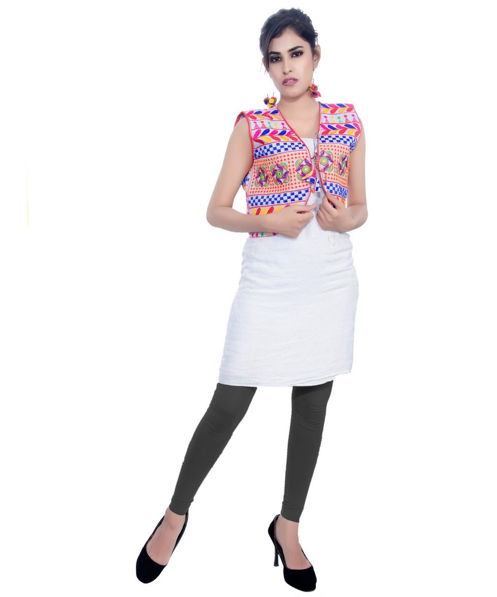 Banjara India Women's Cotton Blend Kutchi Embroidered Sleeveless Short Jacket/Koti/Shrug (Swastik) - SJK-SWT02 - Banjara India