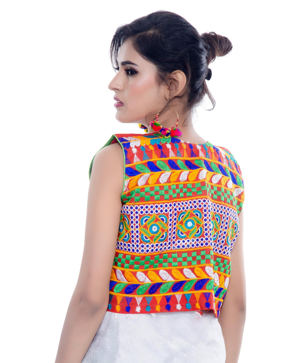 Banjara India Women's Cotton Blend Kutchi Embroidered Sleeveless Short Jacket/Koti/Shrug (Swastik) - SJK-SWT03 - Banjara India