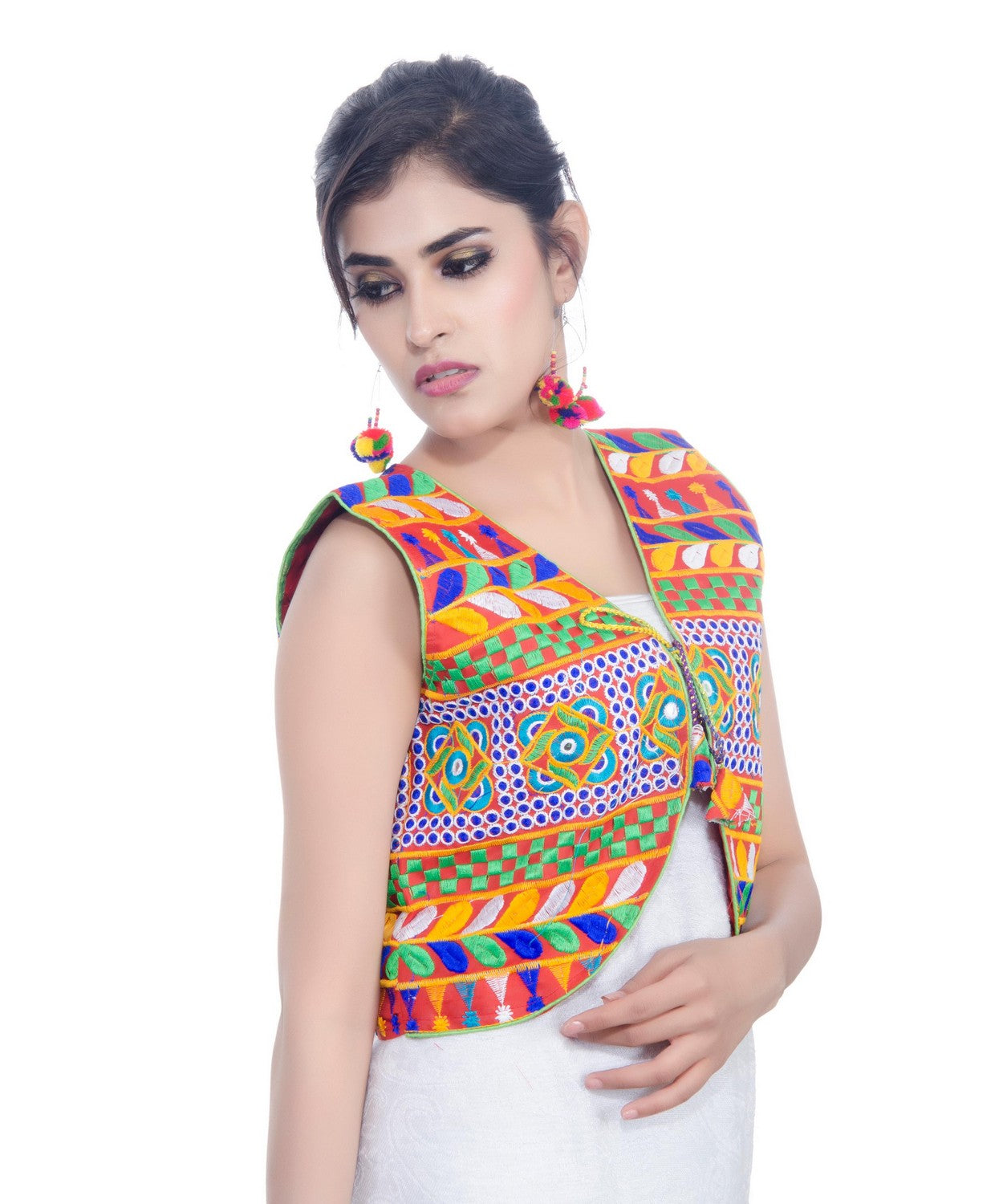 Banjara India Women's Cotton Blend Kutchi Embroidered Sleeveless Short Jacket/Koti/Shrug (Swastik) - SJK-SWT03 - Banjara India