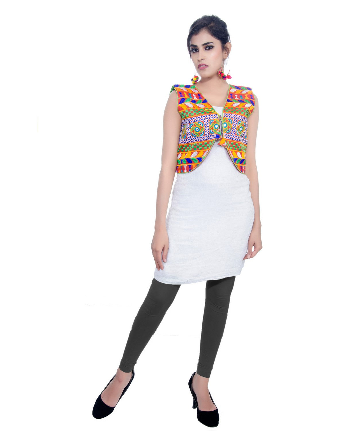 Banjara India Women's Cotton Blend Kutchi Embroidered Sleeveless Short Jacket/Koti/Shrug (Swastik) - SJK-SWT03 - Banjara India