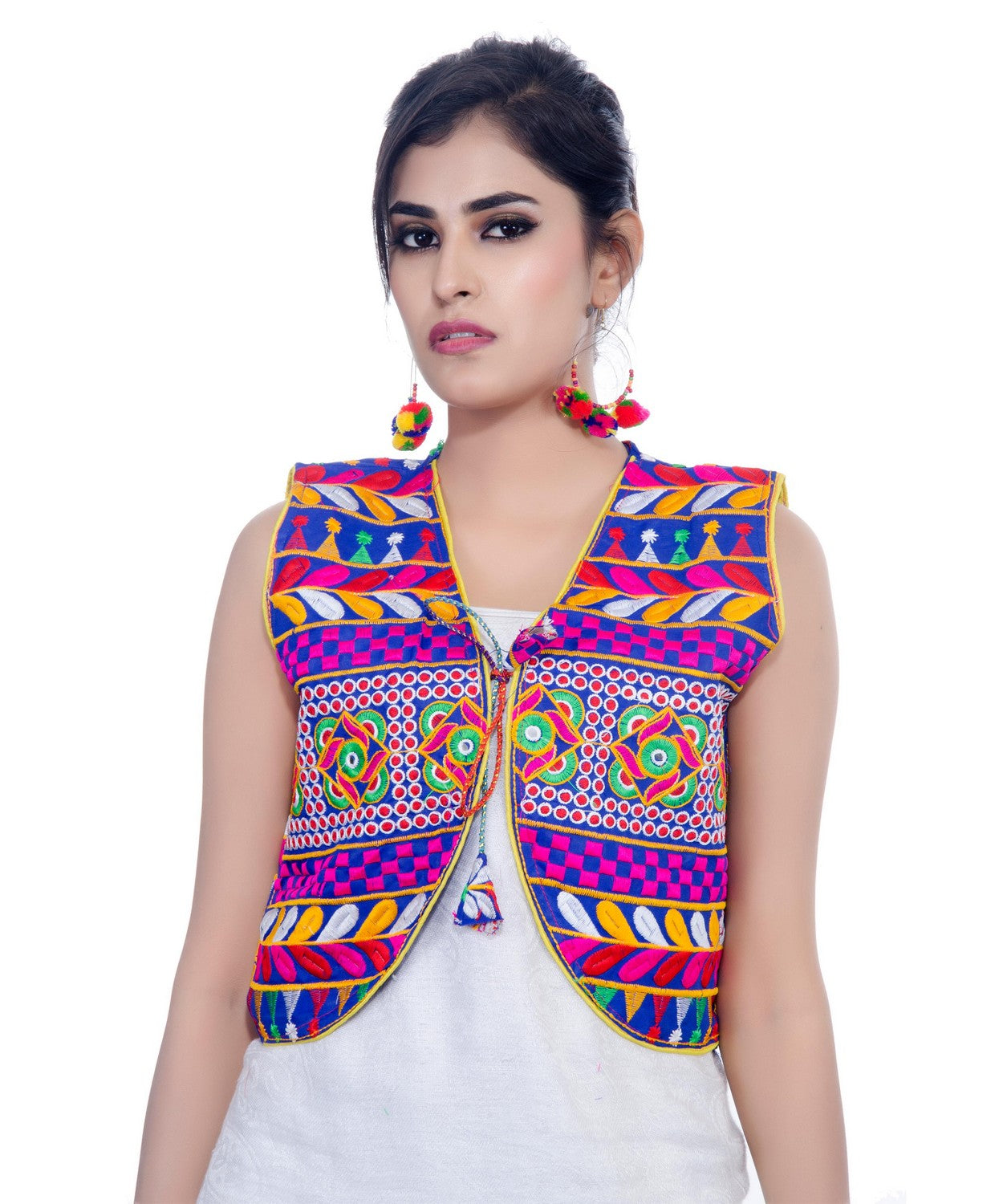 Banjara India Women's Cotton Blend Kutchi Embroidered Sleeveless Short Jacket/Koti/Shrug (Swastik) - SJK-SWT04 - Banjara India