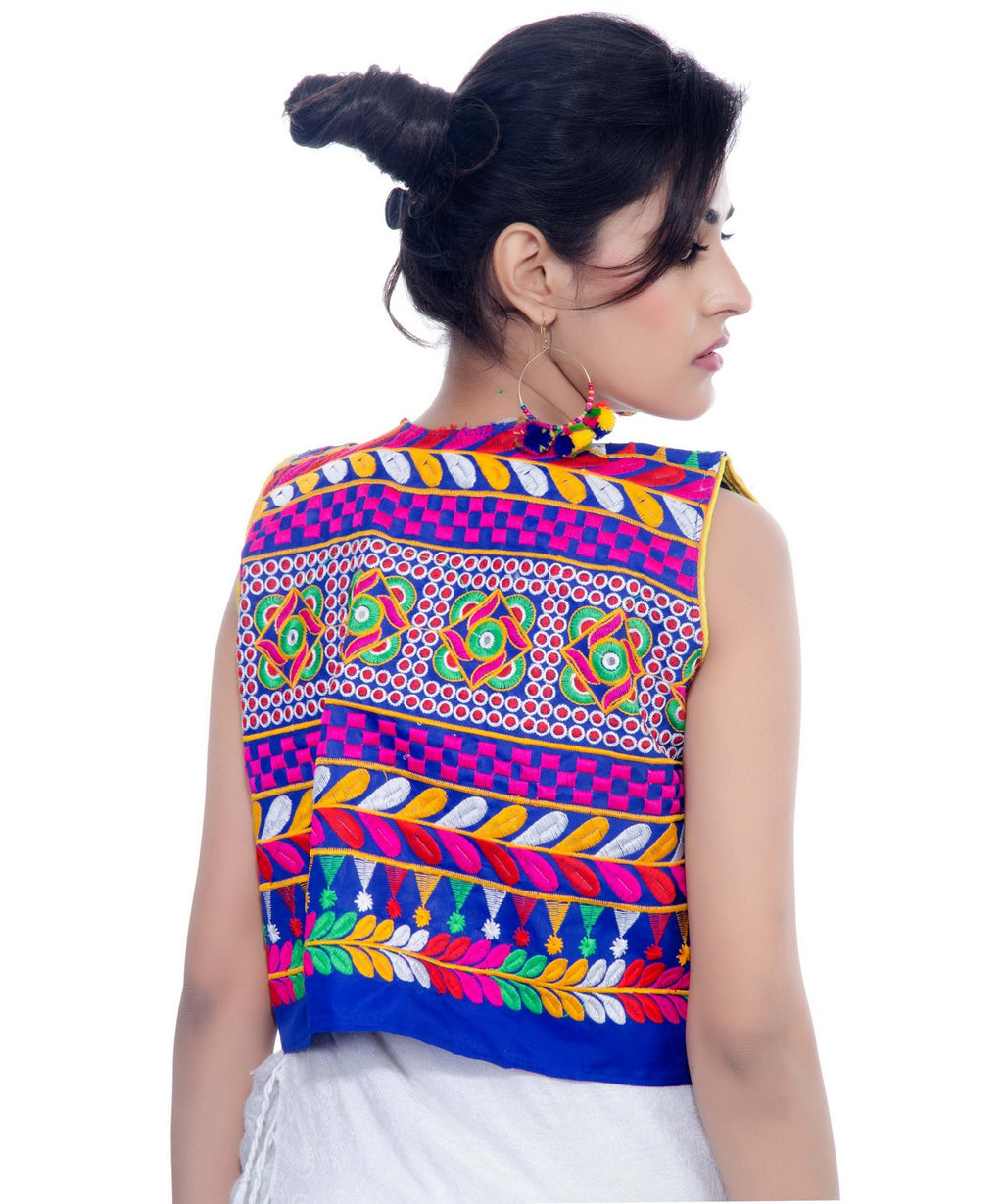 Banjara India Women's Cotton Blend Kutchi Embroidered Sleeveless Short Jacket/Koti/Shrug (Swastik) - SJK-SWT04 - Banjara India