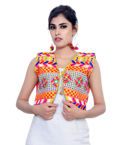 Banjara India Women's Cotton Blend Kutchi Embroidered Sleeveless Short Jacket/Koti/Shrug (Swastik) - SJK-SWT05 - Banjara India