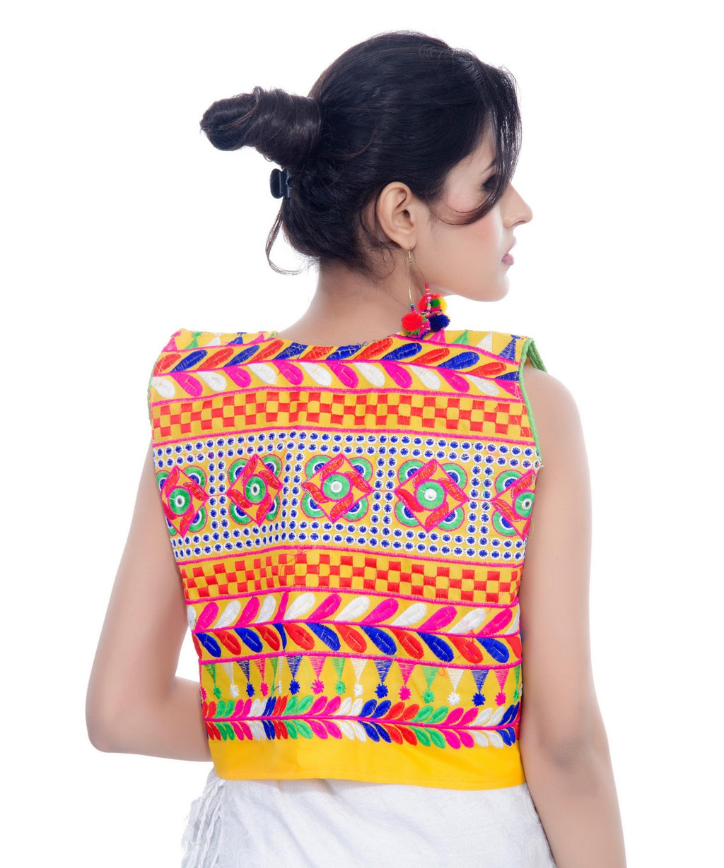 Banjara India Women's Cotton Blend Kutchi Embroidered Sleeveless Short Jacket/Koti/Shrug (Swastik) - SJK-SWT05 - Banjara India