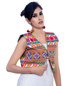 Banjara India Women's Cotton Blend Kutchi Embroidered Sleeveless Short Jacket/Koti/Shrug (Swastik) - SJK-SWT06 - Banjara India