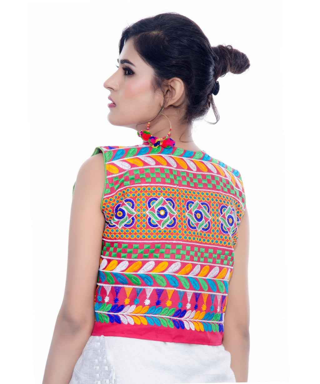 Banjara India Women's Cotton Blend Kutchi Embroidered Sleeveless Short Jacket/Koti/Shrug (Swastik) - SJK-SWT06 - Banjara India