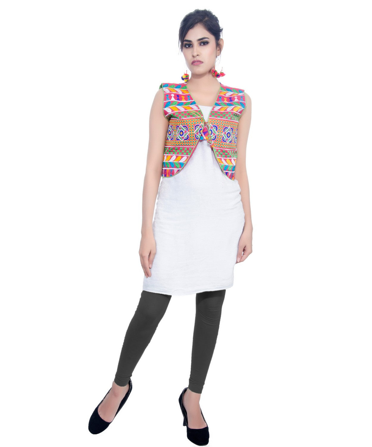 Banjara India Women's Cotton Blend Kutchi Embroidered Sleeveless Short Jacket/Koti/Shrug (Swastik) - SJK-SWT06 - Banjara India