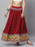 Banjara India Bandhani Print & Kutchi Embroidered Border Rayon Skirt/Chaniya - SKIRT-3D-MAROON (2.2m)