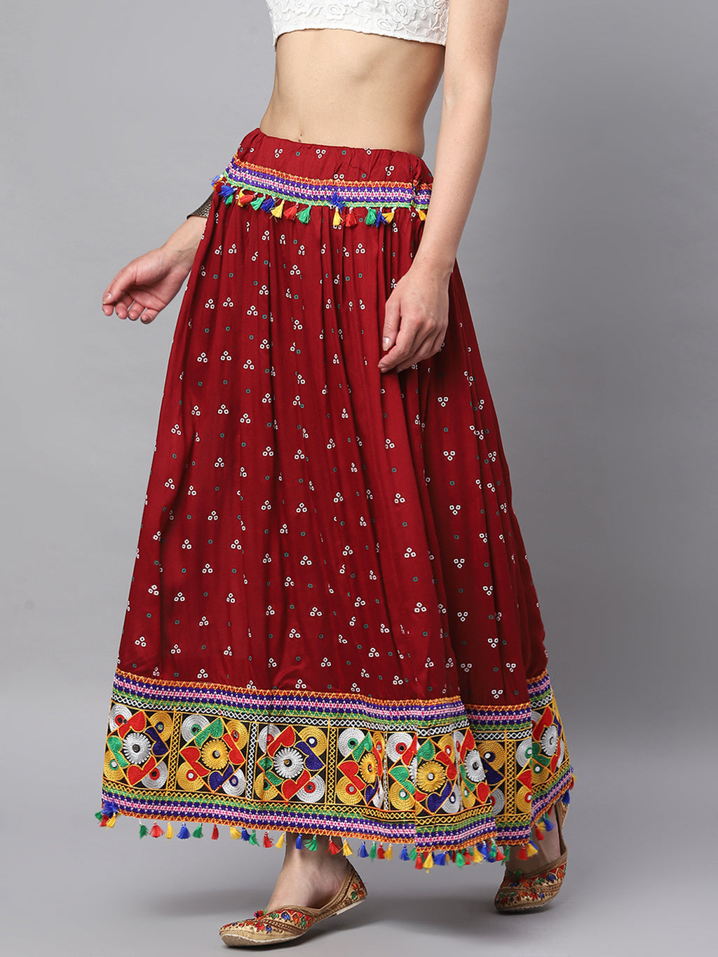 Banjara India Bandhani Print & Kutchi Embroidered Border Rayon Skirt/Chaniya - SKIRT-3D-MAROON (2.2m)