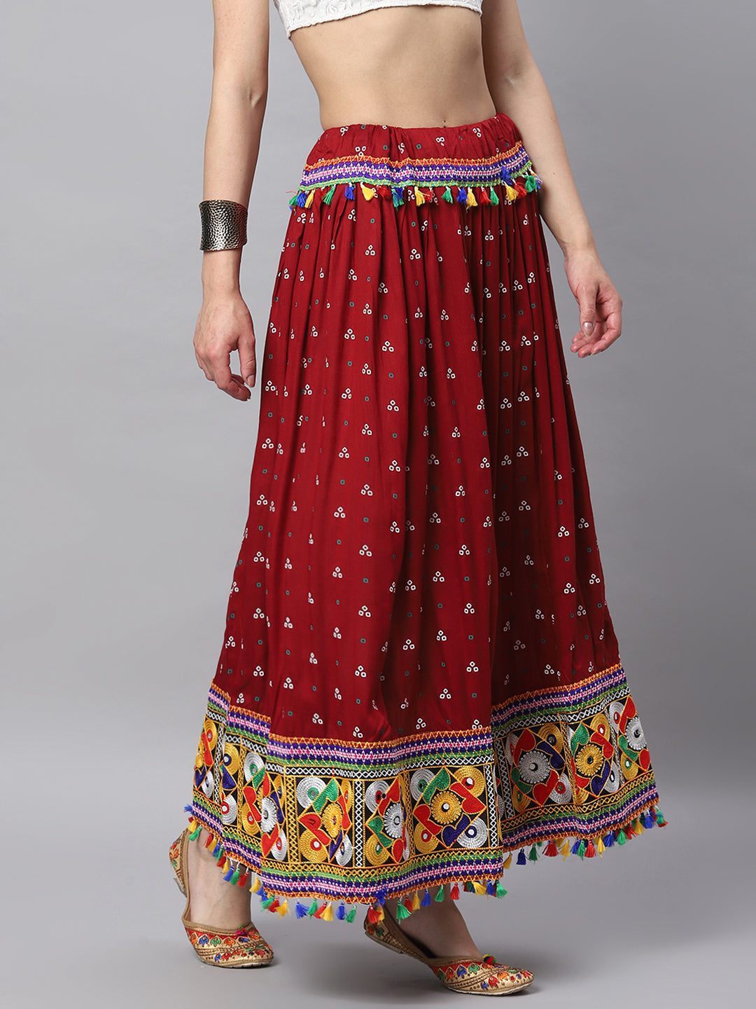 Banjara India Bandhani Print & Kutchi Embroidered Border Rayon Skirt/Chaniya - SKIRT-3D-MAROON (2.2m)