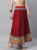Banjara India Bandhani Print & Kutchi Embroidered Border Rayon Skirt/Chaniya - SKIRT-3D-MAROON (2.2m)