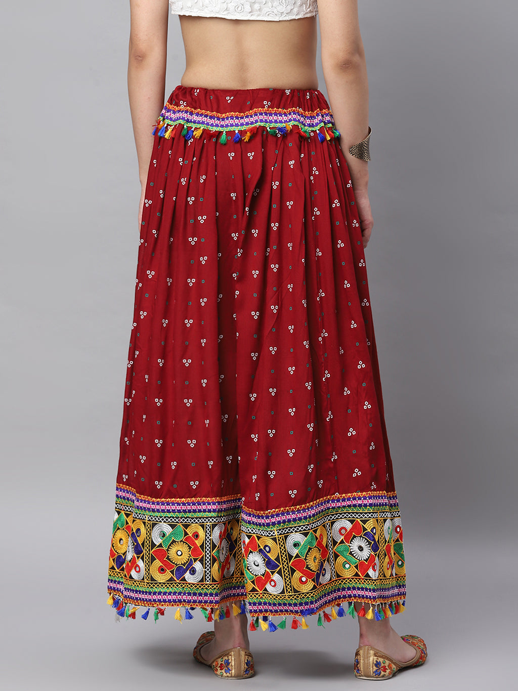 Banjara India Bandhani Print & Kutchi Embroidered Border Rayon Skirt/Chaniya - SKIRT-3D-MAROON (2.2m)