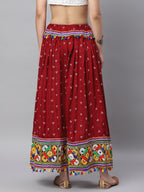 Banjara India Bandhani Print & Kutchi Embroidered Border Rayon Skirt/Chaniya - SKIRT-3D-MAROON (2.2m)