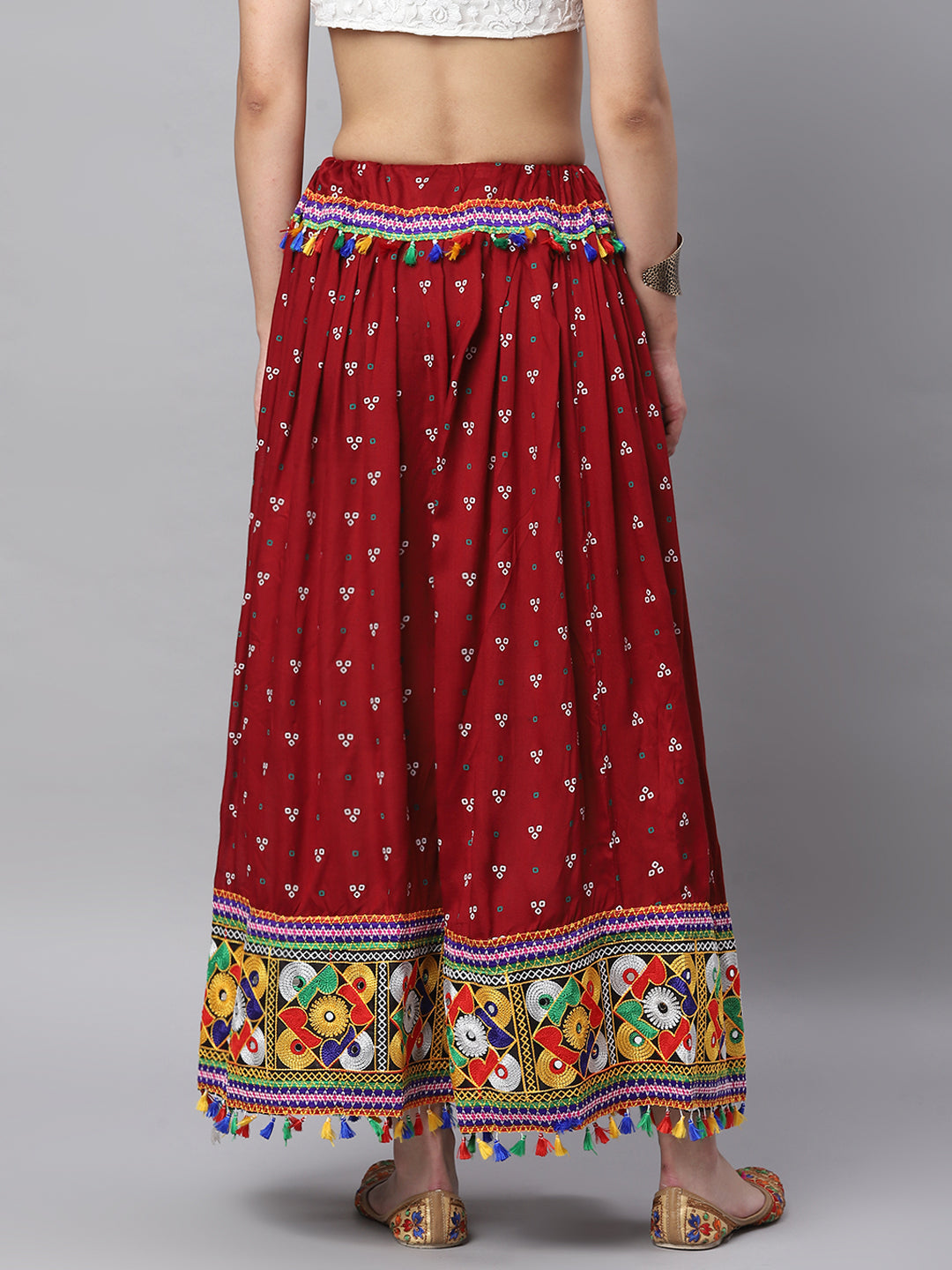 Banjara India Bandhani Print & Kutchi Embroidered Border Rayon Skirt/Chaniya - SKIRT-3D-MAROON (2.2m)