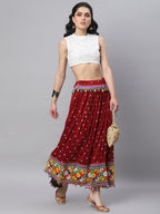 Banjara India Bandhani Print & Kutchi Embroidered Border Rayon Skirt/Chaniya - SKIRT-3D-MAROON (2.2m)