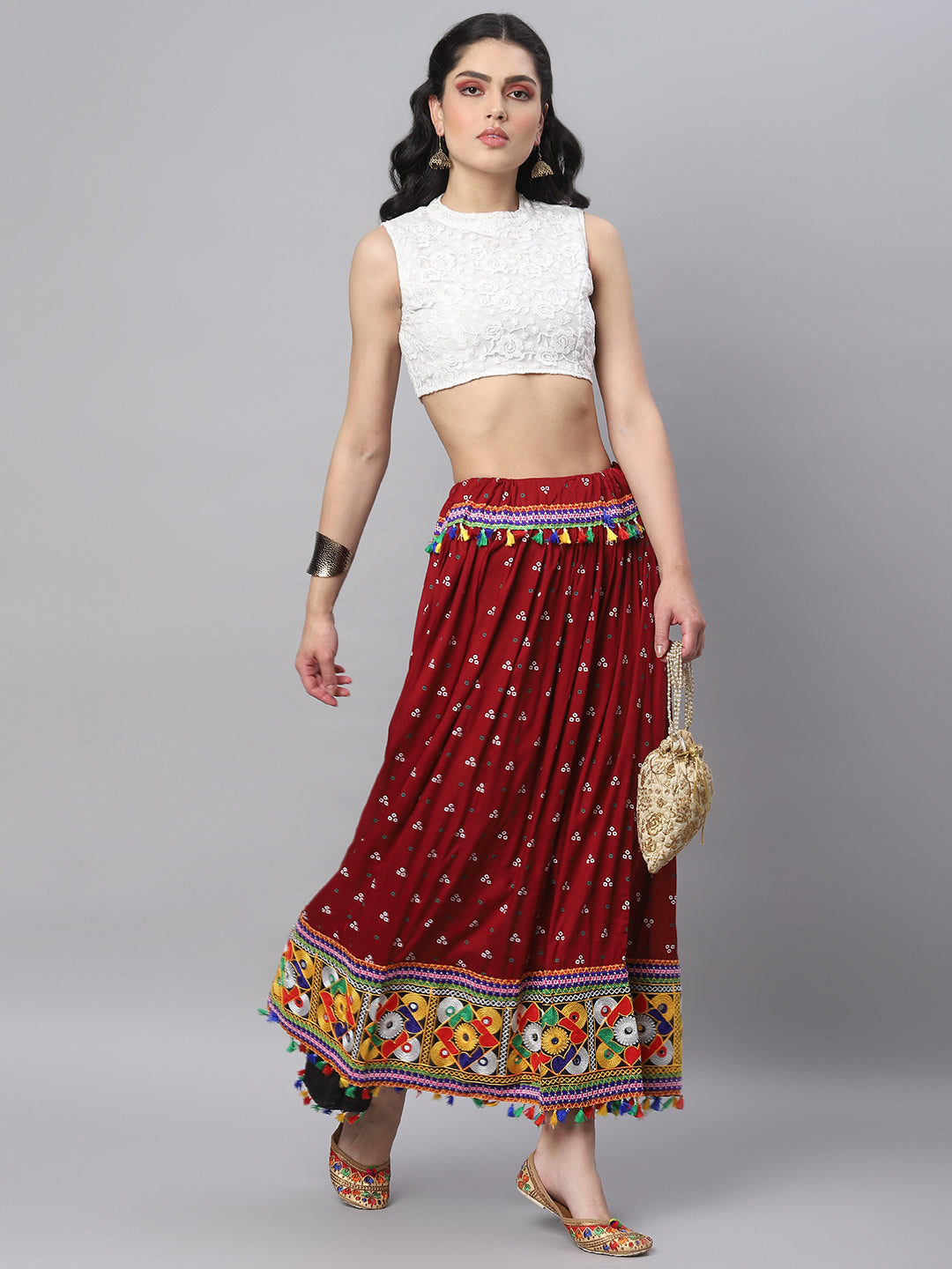 Banjara India Bandhani Print & Kutchi Embroidered Border Rayon Skirt/Chaniya - SKIRT-3D-MAROON (2.2m)