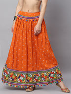 Banjara India Bandhani Print & Kutchi Embroidered Border Rayon Skirt/Chaniya - SKIRT-3D-ORANGE (2.2m)