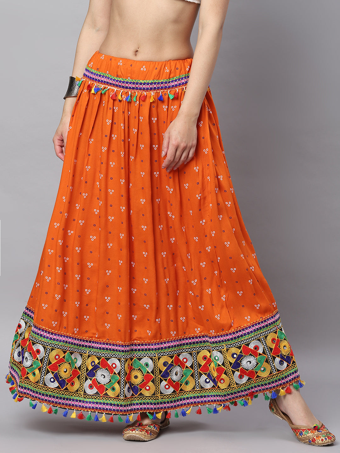 Banjara India Bandhani Print & Kutchi Embroidered Border Rayon Skirt/Chaniya - SKIRT-3D-ORANGE (2.2m)