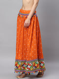 Banjara India Bandhani Print & Kutchi Embroidered Border Rayon Skirt/Chaniya - SKIRT-3D-ORANGE (2.2m)