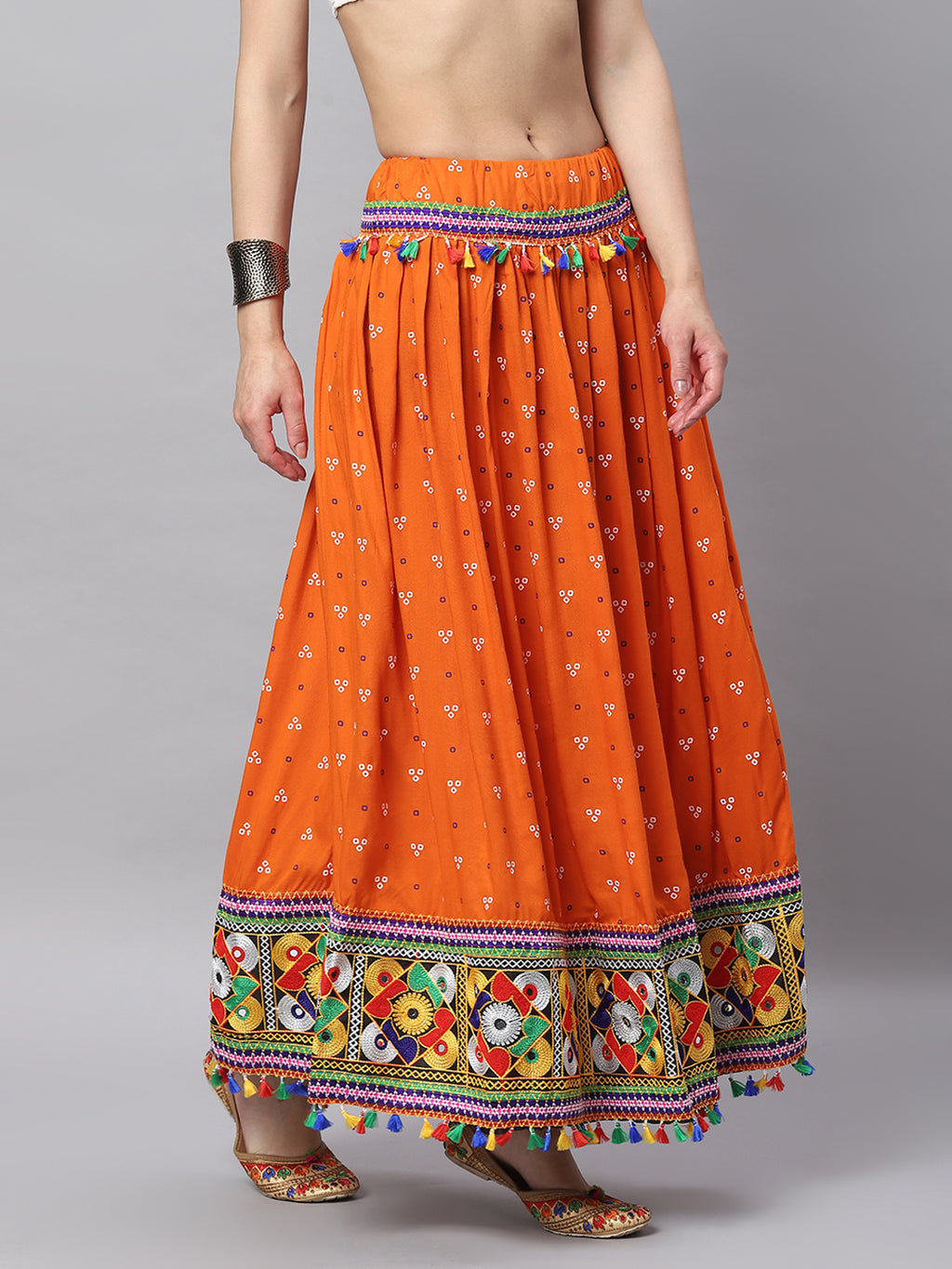 Banjara India Bandhani Print & Kutchi Embroidered Border Rayon Skirt/Chaniya - SKIRT-3D-ORANGE (2.2m)