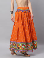 Banjara India Bandhani Print & Kutchi Embroidered Border Rayon Skirt/Chaniya - SKIRT-3D-ORANGE (2.2m)