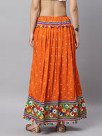 Banjara India Bandhani Print & Kutchi Embroidered Border Rayon Skirt/Chaniya - SKIRT-3D-ORANGE (2.2m)