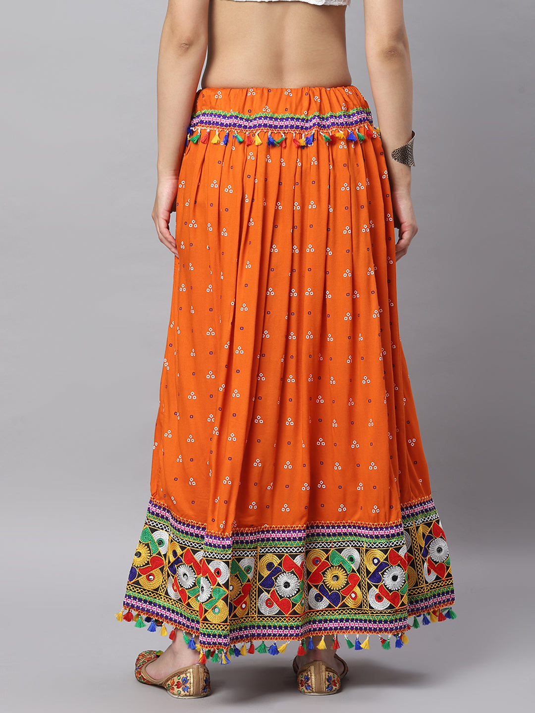 Banjara India Bandhani Print & Kutchi Embroidered Border Rayon Skirt/Chaniya - SKIRT-3D-ORANGE (2.2m)