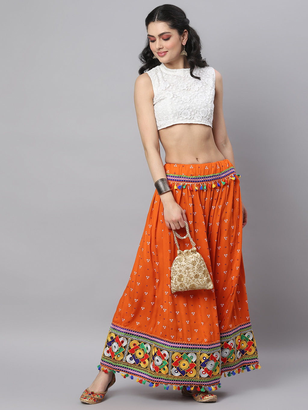 Banjara India Bandhani Print & Kutchi Embroidered Border Rayon Skirt/Chaniya - SKIRT-3D-ORANGE (2.2m)
