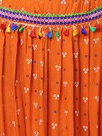 Banjara India Bandhani Print & Kutchi Embroidered Border Rayon Skirt/Chaniya - SKIRT-3D-ORANGE (2.2m)