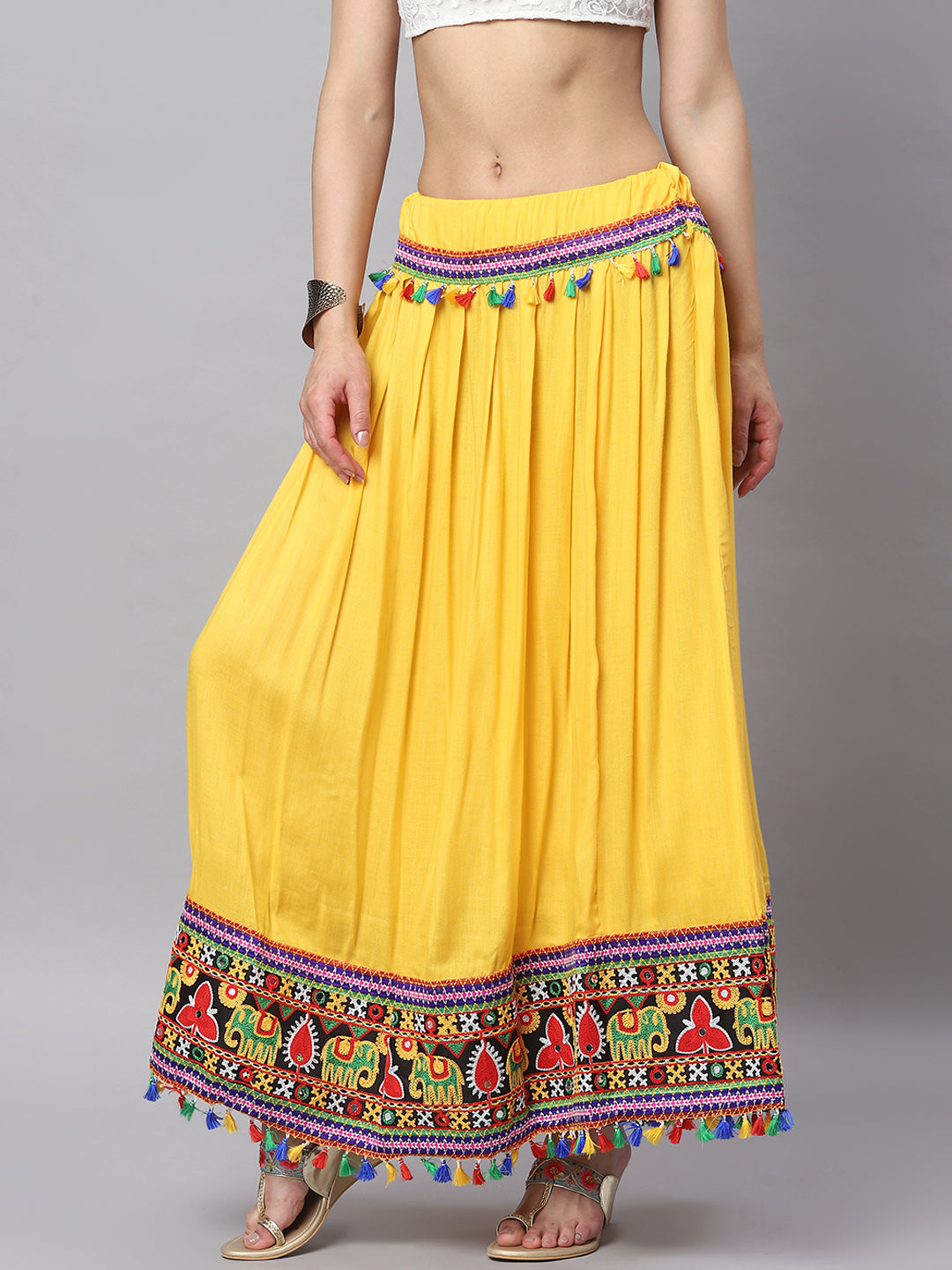 Banjara India Kutchi Embroidered Border Rayon Skirt/Chaniya - SKIRT-ELE-MANGO (2.2m)