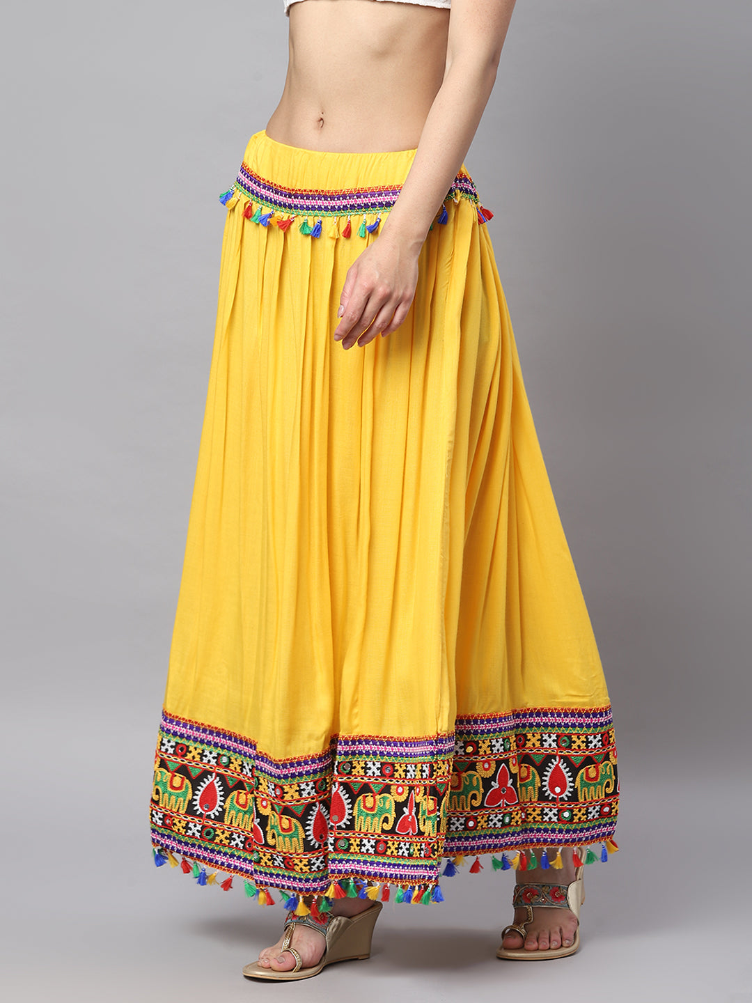 Banjara India Kutchi Embroidered Border Rayon Skirt/Chaniya - SKIRT-ELE-MANGO (2.2m)