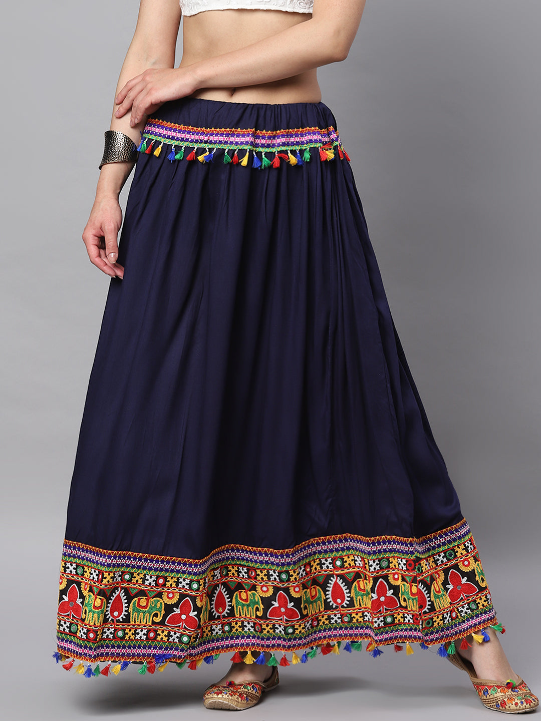 Banjara India Kutchi Embroidered Border Rayon Skirt/Chaniya - SKIRT-ELE-NAVYBLUE (2.2m)