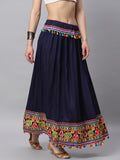 Banjara India Kutchi Embroidered Border Rayon Skirt/Chaniya - SKIRT-ELE-NAVYBLUE (2.2m)