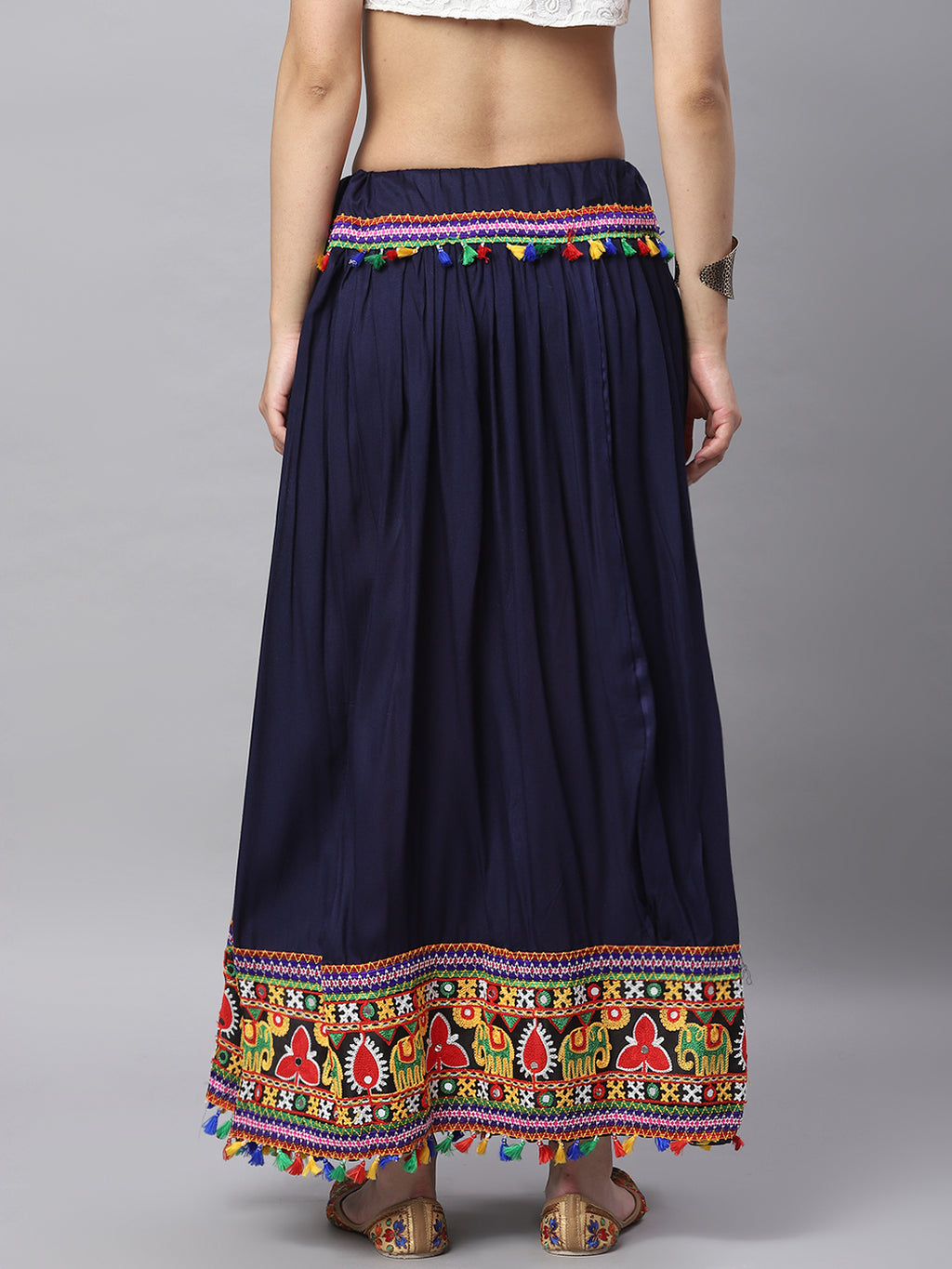 Banjara India Kutchi Embroidered Border Rayon Skirt/Chaniya - SKIRT-ELE-NAVYBLUE (2.2m)